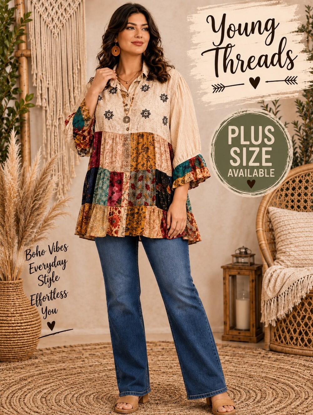 140 Young Threads Cream & Multi Patchwork Boho Tunic Top